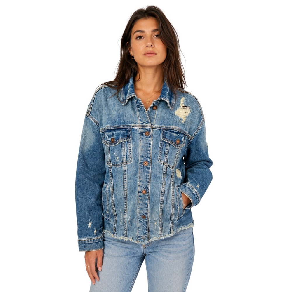 Hollister Distressed Denim Jacket Medium Y2K Grunge Ripped Trucker